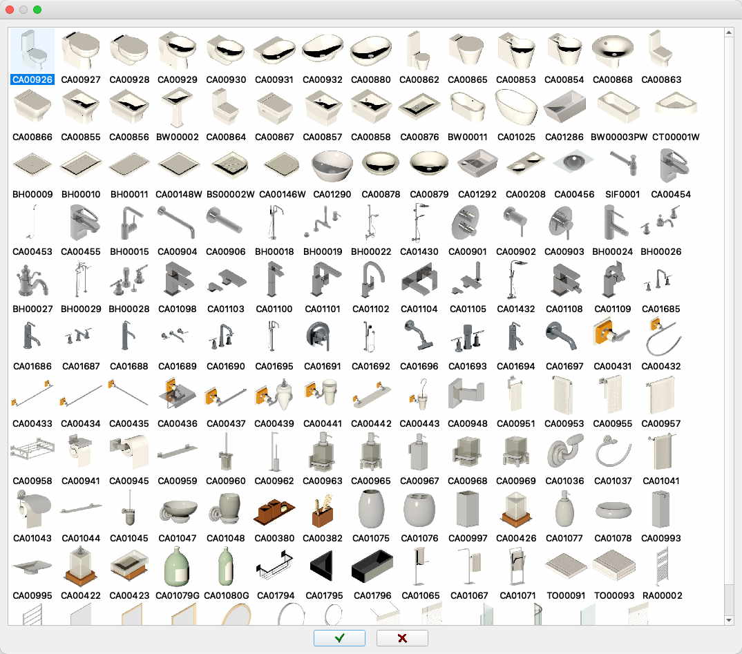 Miniaturas de todos los elementos del catálogo de baños